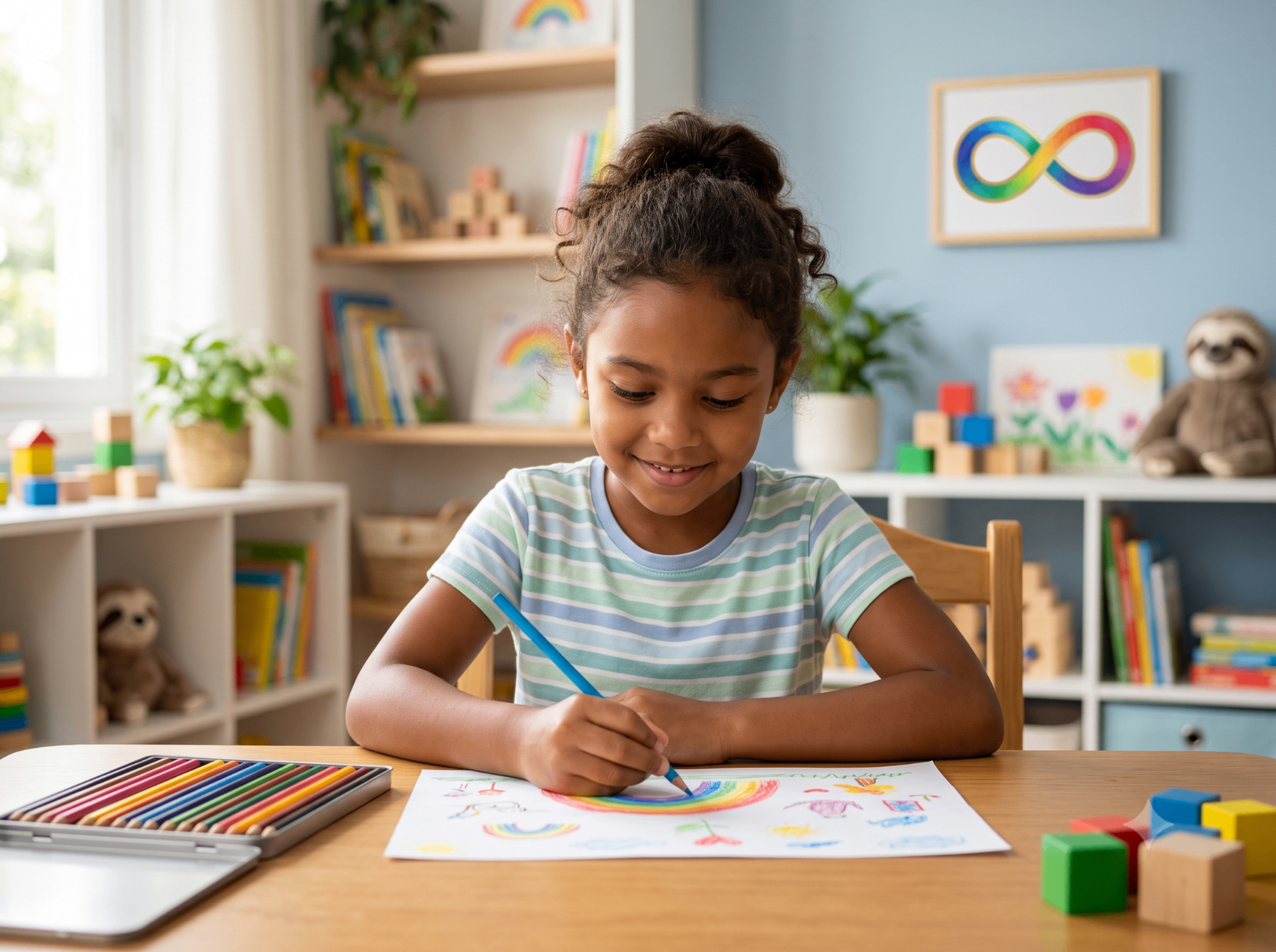 Criança desenhando, com símbolo do infinito colorido ao fundo