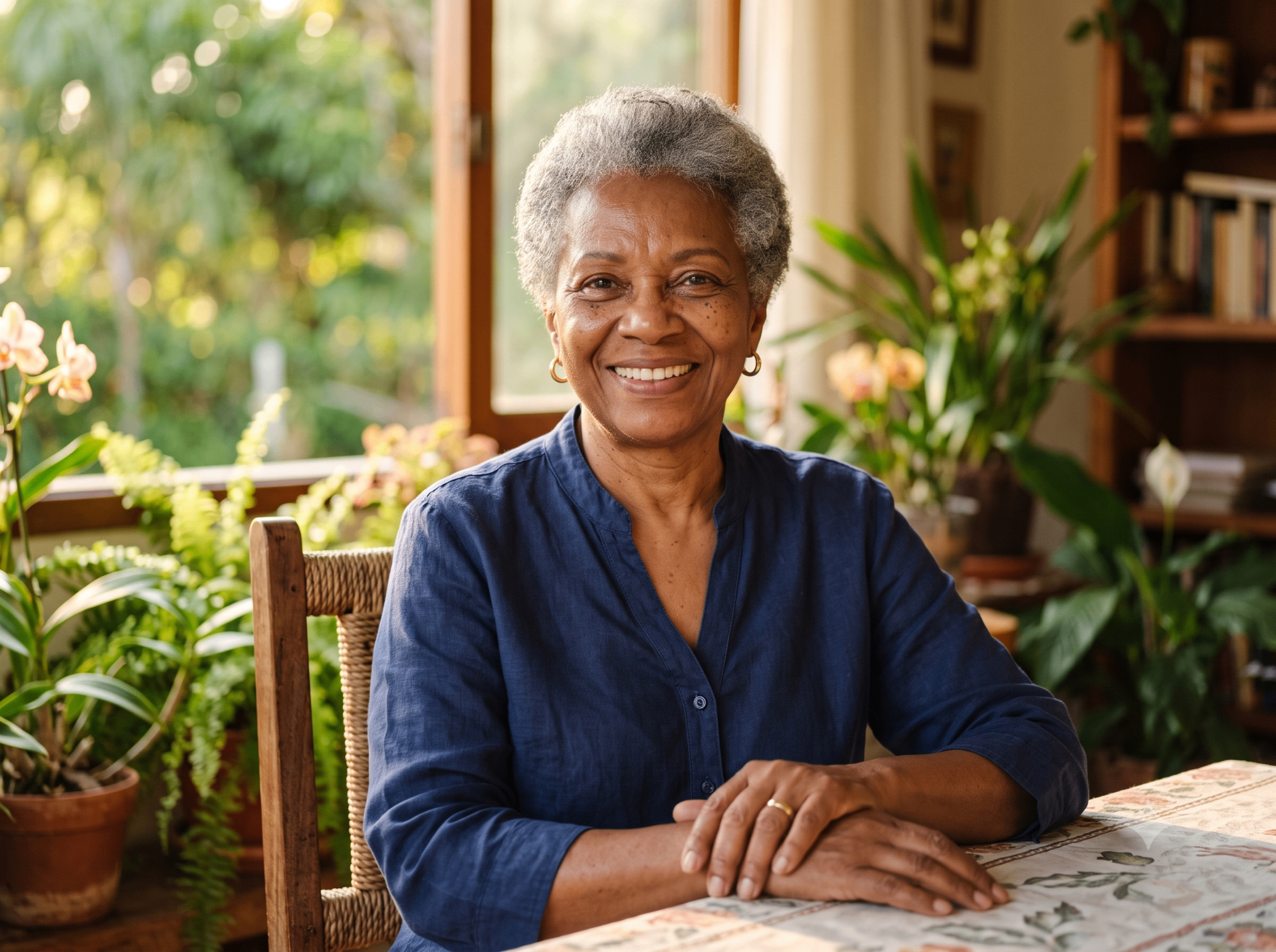 Senhora idosa sorrindo em casa